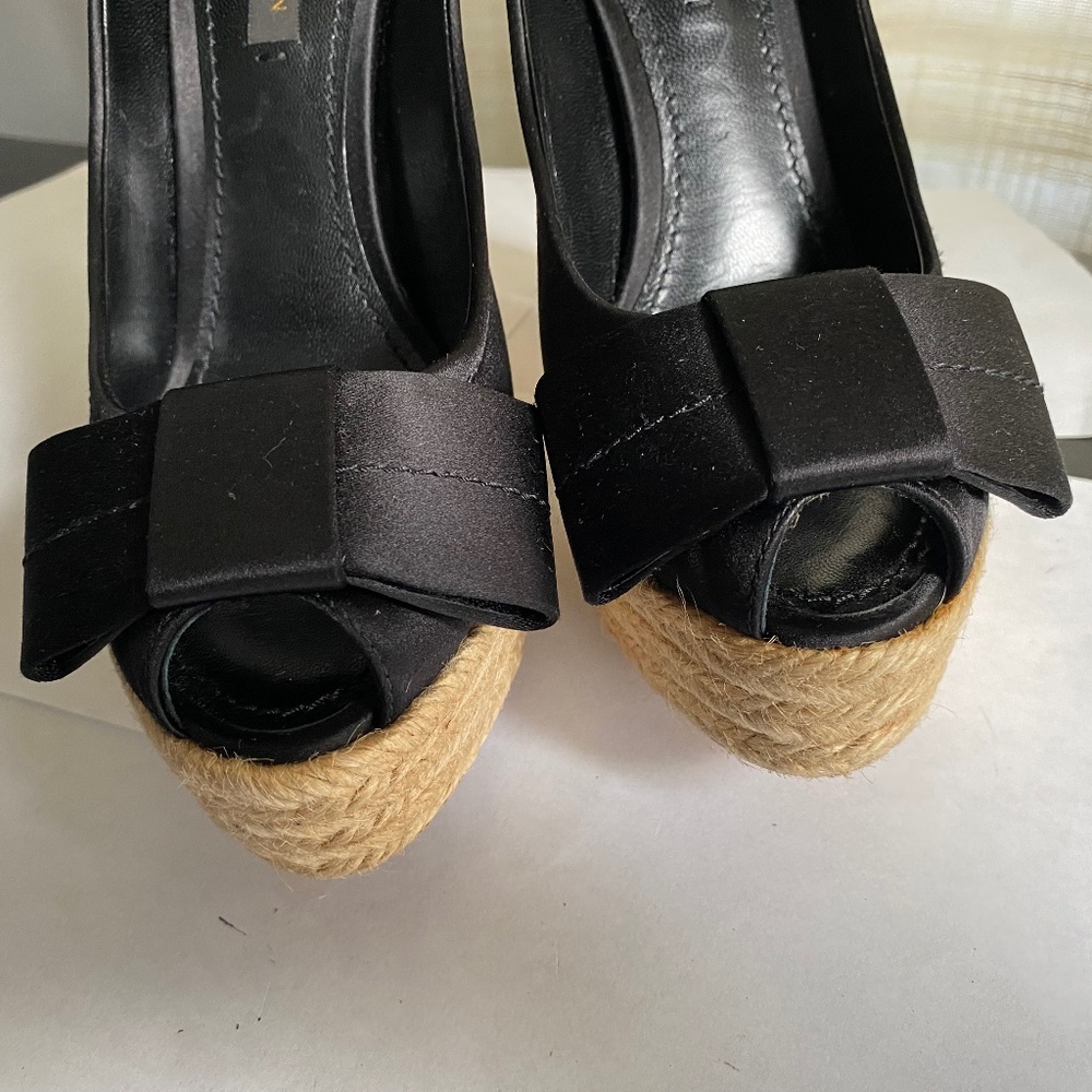 Louis Vuitton satin black espadrille clogs heels pumps platforms 36 Rivoli bow - Picture 9 of 12